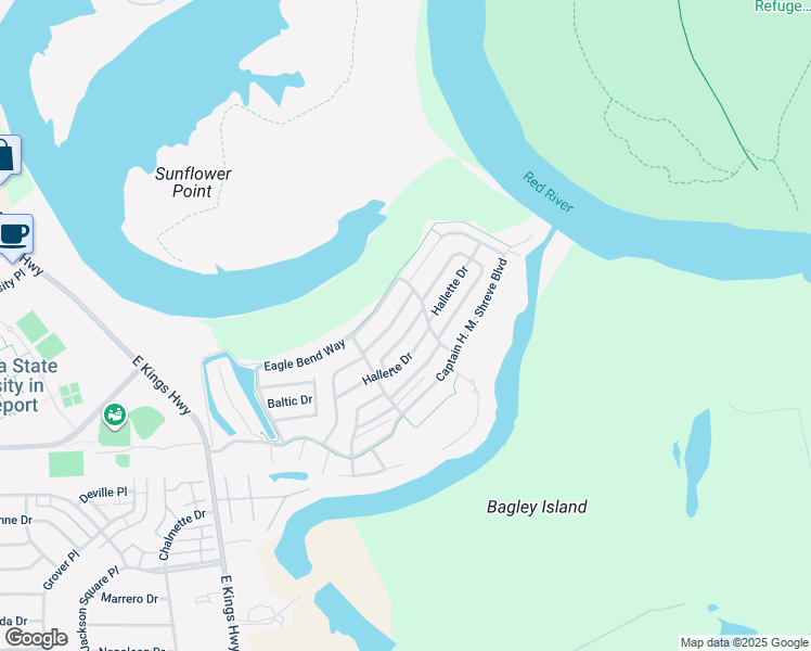 map of restaurants, bars, coffee shops, grocery stores, and more near 142 Grey Eagle Drive in Shreveport