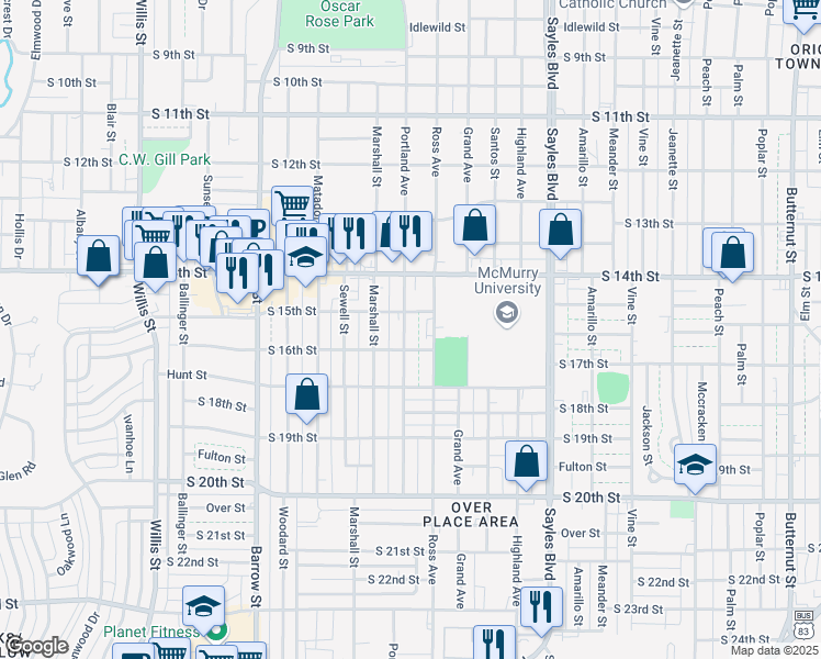 map of restaurants, bars, coffee shops, grocery stores, and more near 1525 Portland Avenue in Abilene