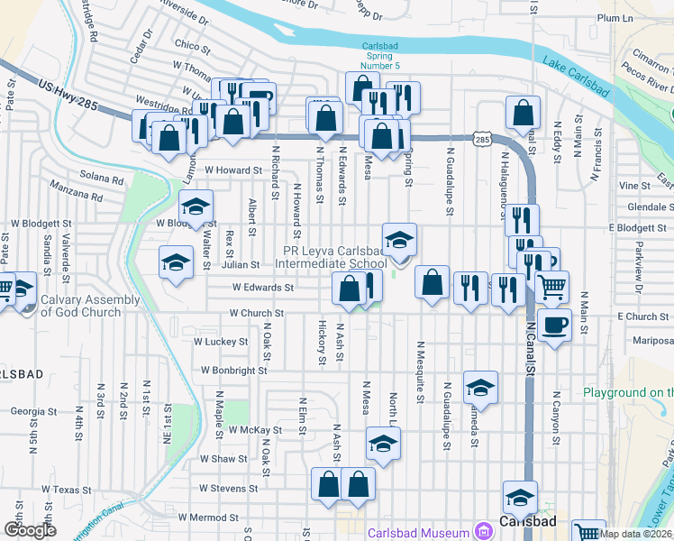 map of restaurants, bars, coffee shops, grocery stores, and more near 807 North Edwards Street in Carlsbad