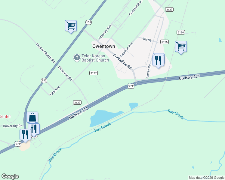 map of restaurants, bars, coffee shops, grocery stores, and more near 12626 U.S. 271 in Tyler