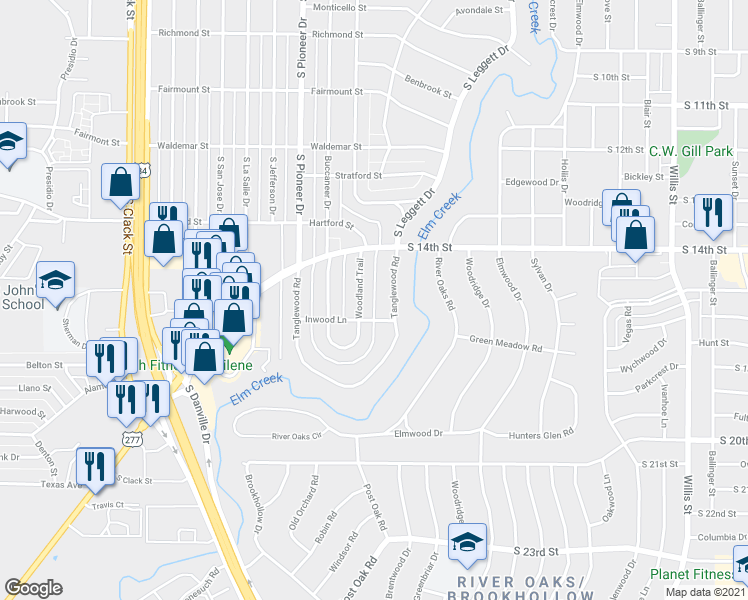map of restaurants, bars, coffee shops, grocery stores, and more near 1415 Woodland Trail in Abilene