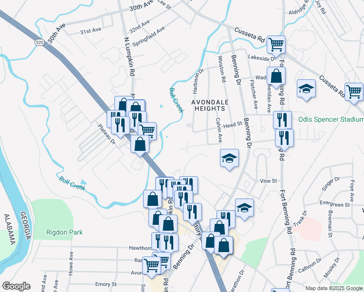 map of restaurants, bars, coffee shops, grocery stores, and more near 1140 Baker Circle in Columbus