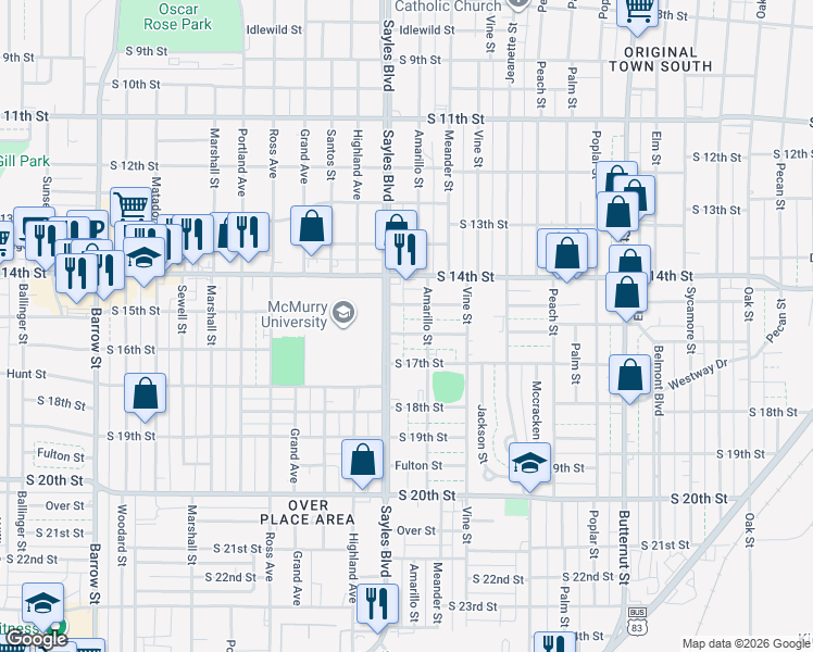 map of restaurants, bars, coffee shops, grocery stores, and more near 2025 South 16th Street in Abilene