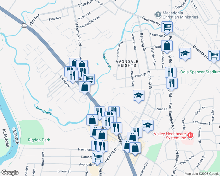map of restaurants, bars, coffee shops, grocery stores, and more near 1204 Baker Circle in Columbus