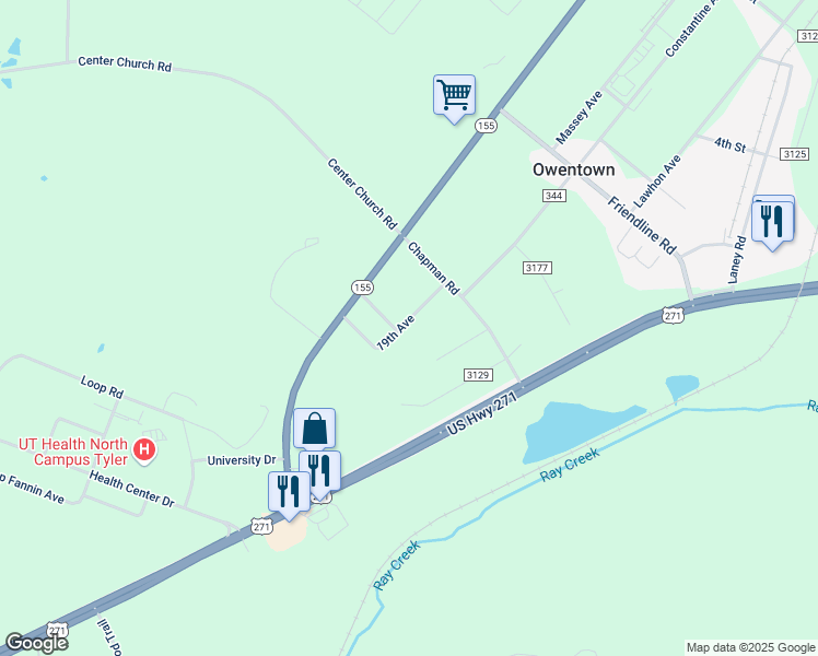 map of restaurants, bars, coffee shops, grocery stores, and more near 11568 19th Avenue in Tyler