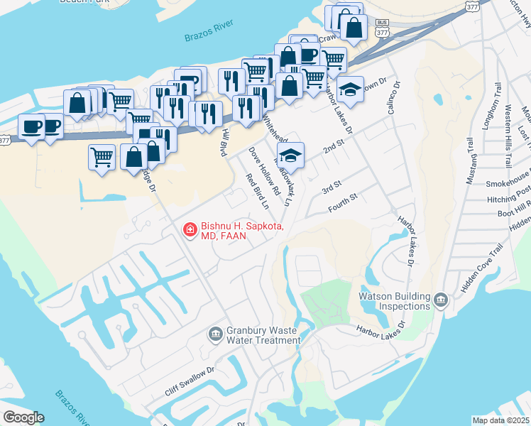 map of restaurants, bars, coffee shops, grocery stores, and more near 1214 Red Bird Lane in Granbury