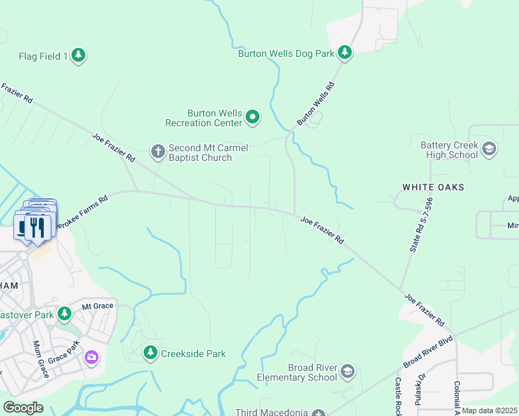 map of restaurants, bars, coffee shops, grocery stores, and more near 151 Joe Frazier Road in Beaufort