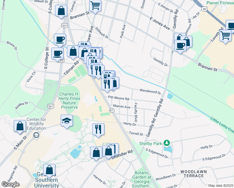 map of restaurants, bars, coffee shops, grocery stores, and more near 301 Hollis Street in Statesboro