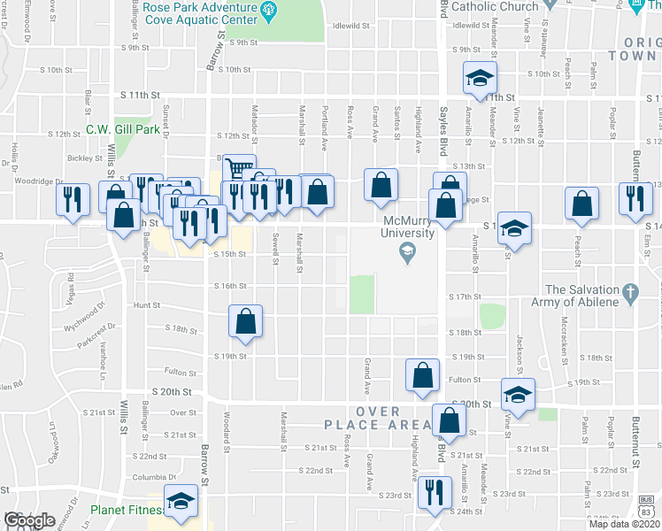 map of restaurants, bars, coffee shops, grocery stores, and more near 1548 Ross Avenue in Abilene