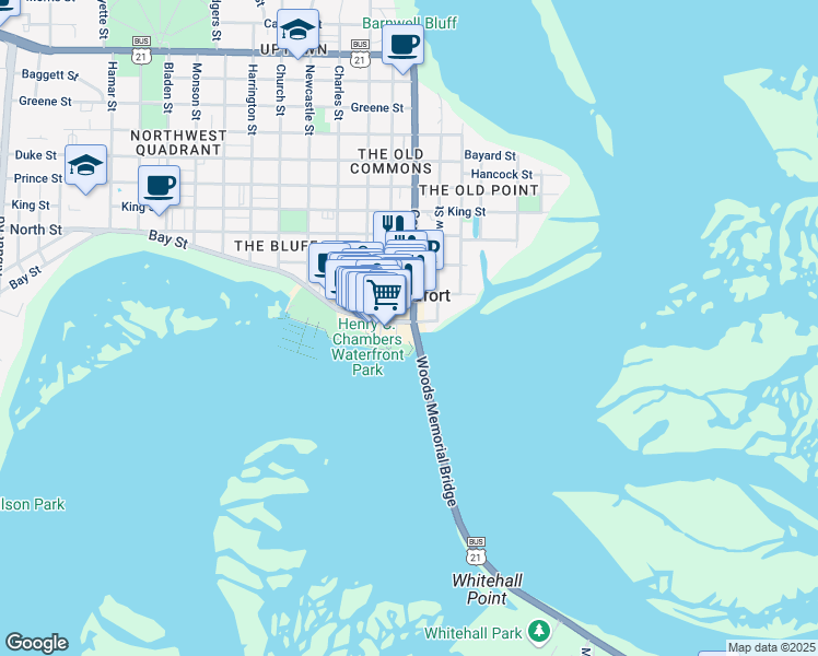 map of restaurants, bars, coffee shops, grocery stores, and more near 700 Bay Street in Beaufort