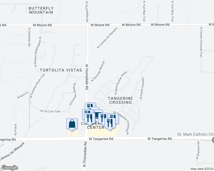 map of restaurants, bars, coffee shops, grocery stores, and more near 3642 West Tailspin Place in Marana