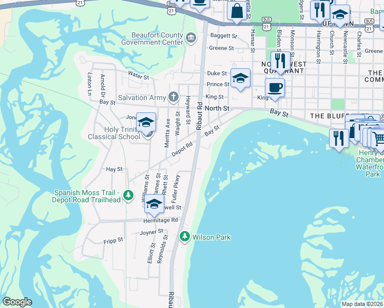 map of restaurants, bars, coffee shops, grocery stores, and more near 720 Ribaut Road in Beaufort