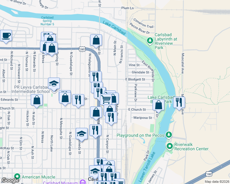 map of restaurants, bars, coffee shops, grocery stores, and more near 904 N Main St in Carlsbad