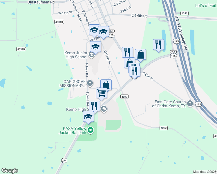 map of restaurants, bars, coffee shops, grocery stores, and more near 205 Texas 274 in Kemp
