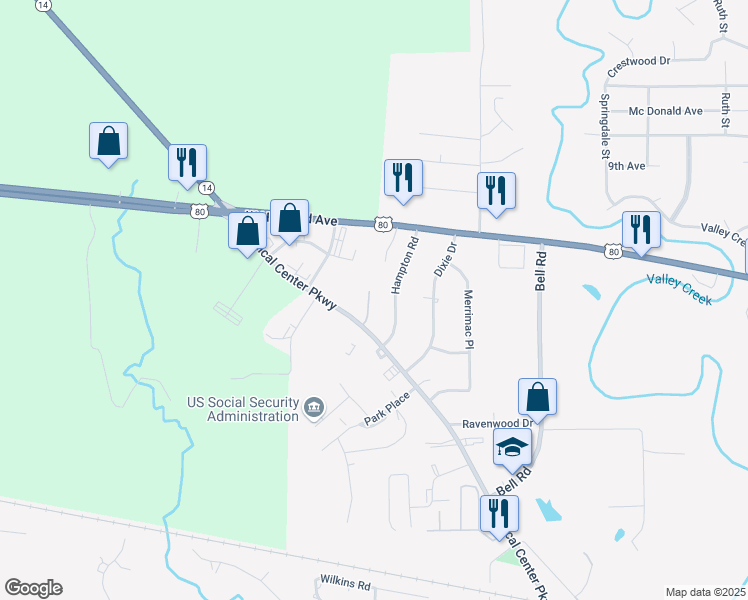 map of restaurants, bars, coffee shops, grocery stores, and more near 1000 Medical Center Parkway in Selma