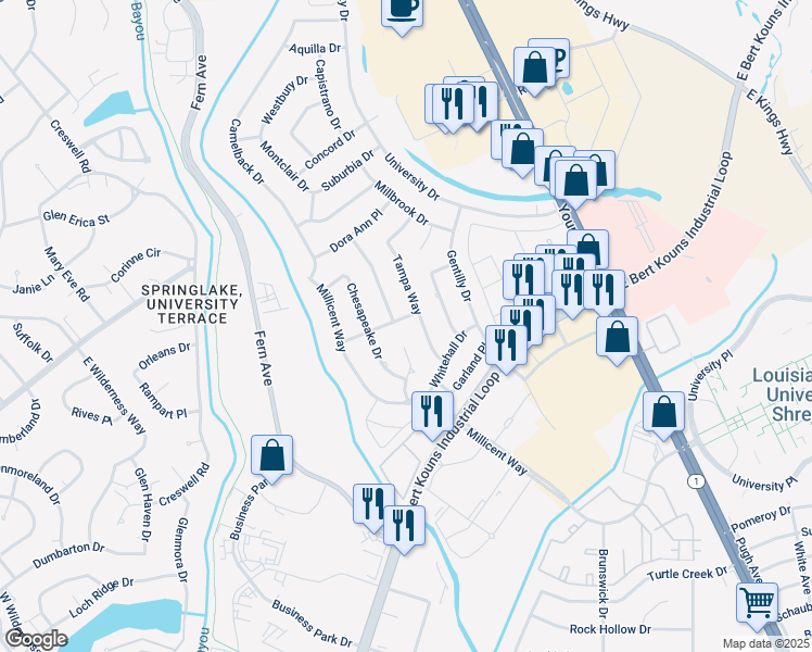 map of restaurants, bars, coffee shops, grocery stores, and more near 7702 Southfork Drive in Shreveport