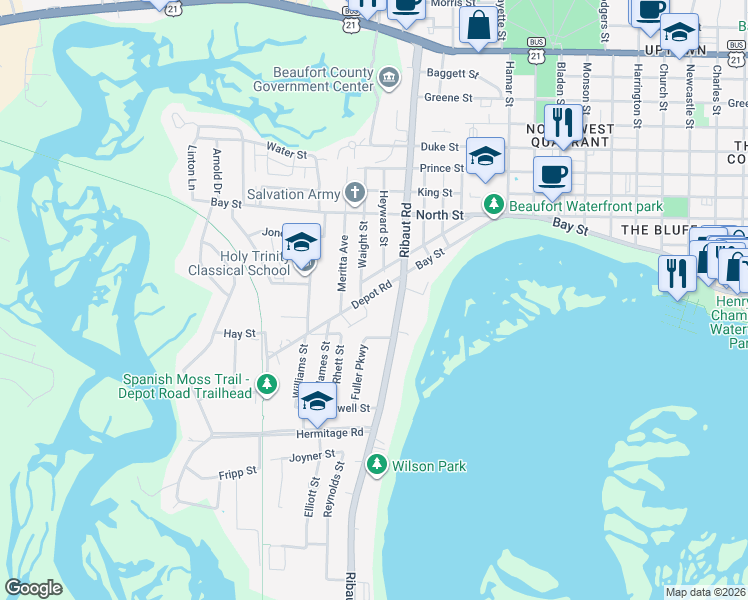map of restaurants, bars, coffee shops, grocery stores, and more near 114 Lyford Place in Beaufort