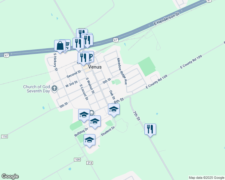 map of restaurants, bars, coffee shops, grocery stores, and more near 702 Oak Street in Venus