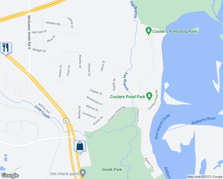 map of restaurants, bars, coffee shops, grocery stores, and more near 325 Angela Street in Prattville