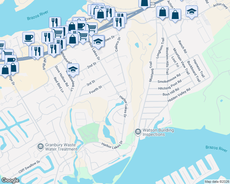 map of restaurants, bars, coffee shops, grocery stores, and more near 1000 Quarry Court in Granbury
