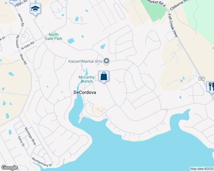 map of restaurants, bars, coffee shops, grocery stores, and more near 4121 Fairway Drive in Granbury