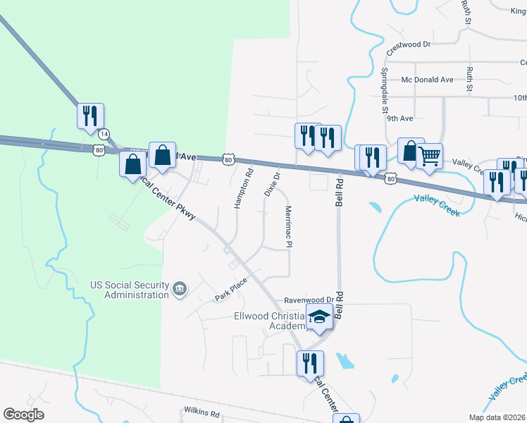 map of restaurants, bars, coffee shops, grocery stores, and more near 512 Dixie Drive in Selma