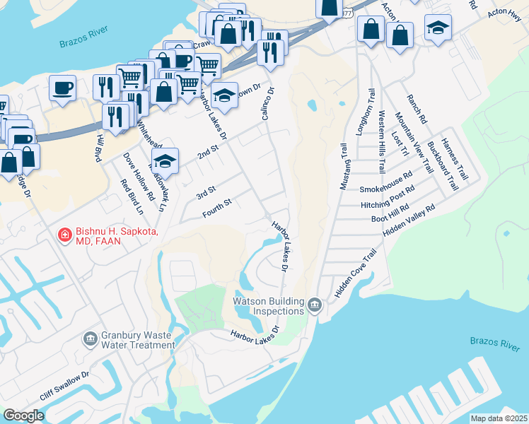 map of restaurants, bars, coffee shops, grocery stores, and more near 1715 Waters Edge Drive in Granbury