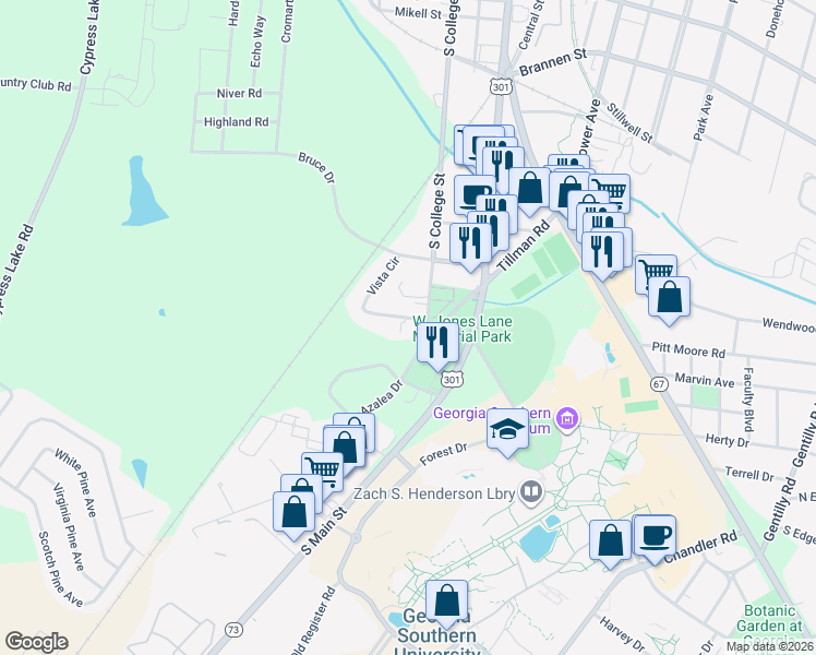 map of restaurants, bars, coffee shops, grocery stores, and more near 238 Vista Circle in Statesboro