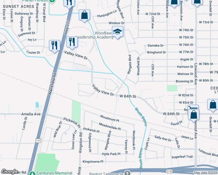 map of restaurants, bars, coffee shops, grocery stores, and more near 904 Bartlett Drive in Shreveport