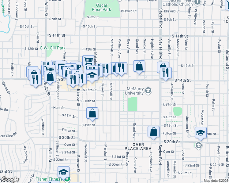 map of restaurants, bars, coffee shops, grocery stores, and more near 1425 Marshall Street in Abilene