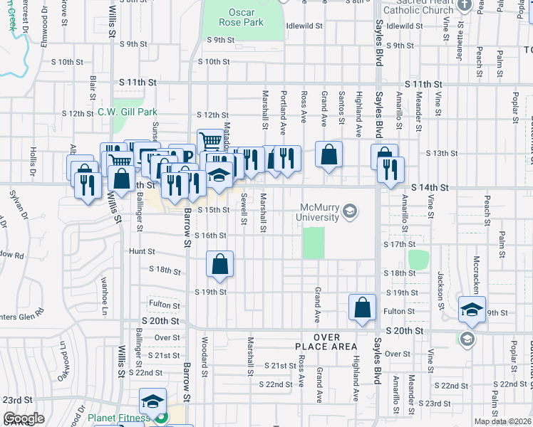 map of restaurants, bars, coffee shops, grocery stores, and more near 1501 Marshall Street in Abilene
