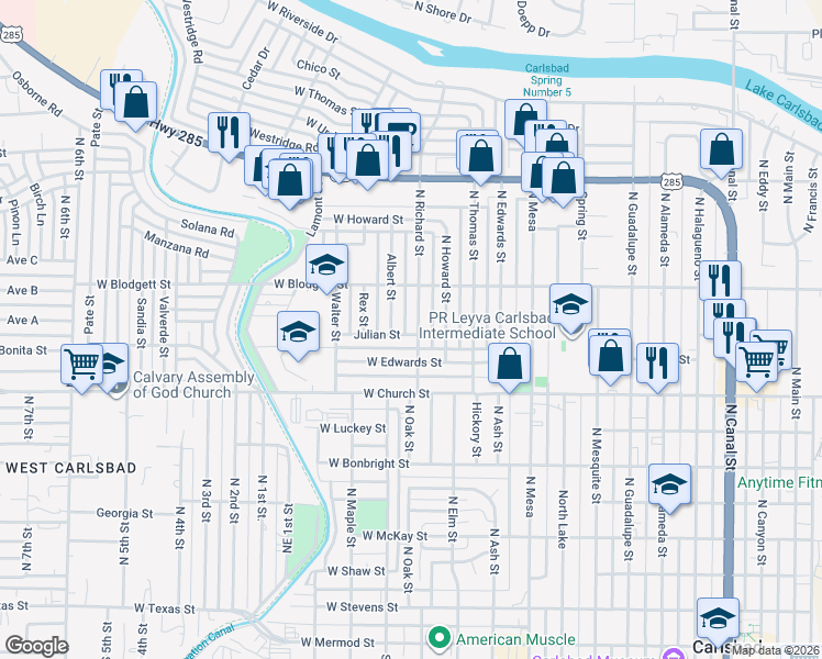 map of restaurants, bars, coffee shops, grocery stores, and more near 916 North Richard Street in Carlsbad