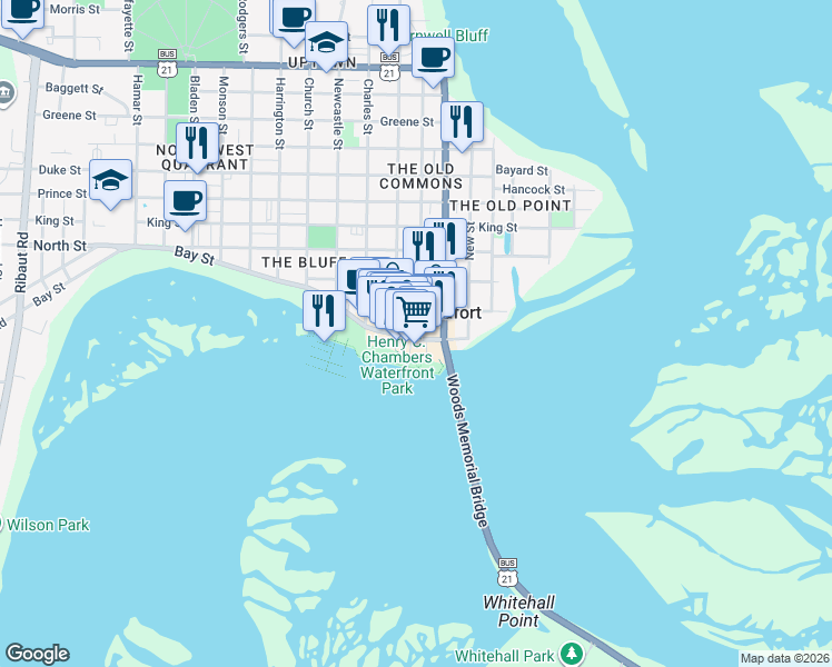 map of restaurants, bars, coffee shops, grocery stores, and more near 801 Bay Street in Beaufort