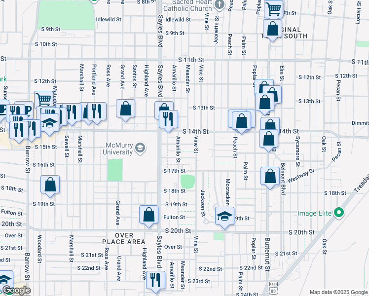 map of restaurants, bars, coffee shops, grocery stores, and more near 1442 Vine Street in Abilene
