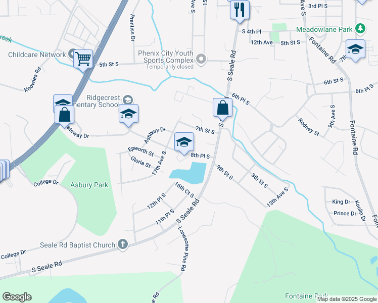 map of restaurants, bars, coffee shops, grocery stores, and more near 1602 8th Place South in Phenix City