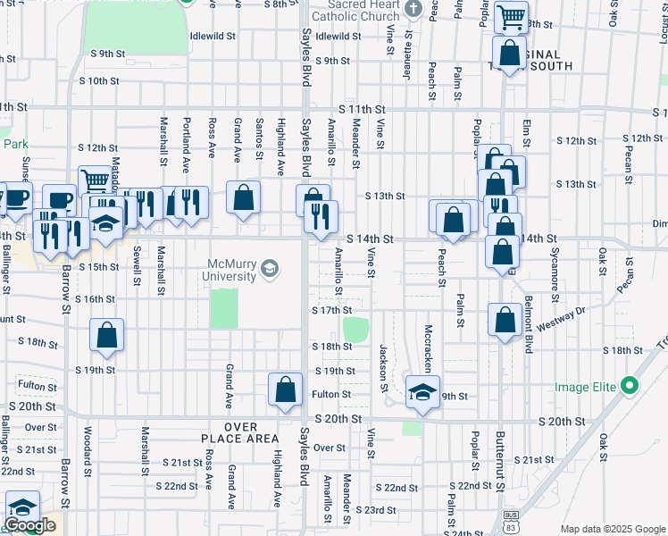 map of restaurants, bars, coffee shops, grocery stores, and more near 2001 South 15th Street in Abilene