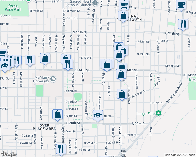 map of restaurants, bars, coffee shops, grocery stores, and more near 1642 South 15th Street in Abilene
