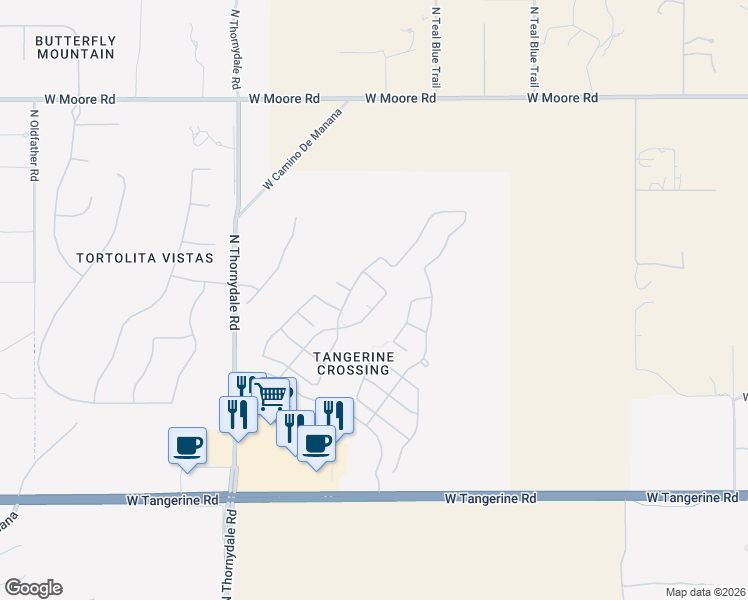 map of restaurants, bars, coffee shops, grocery stores, and more near 3479 West Desert Peace Drive in Marana