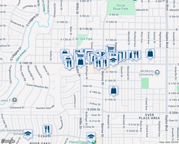 map of restaurants, bars, coffee shops, grocery stores, and more near 3226 South 15th Street in Abilene