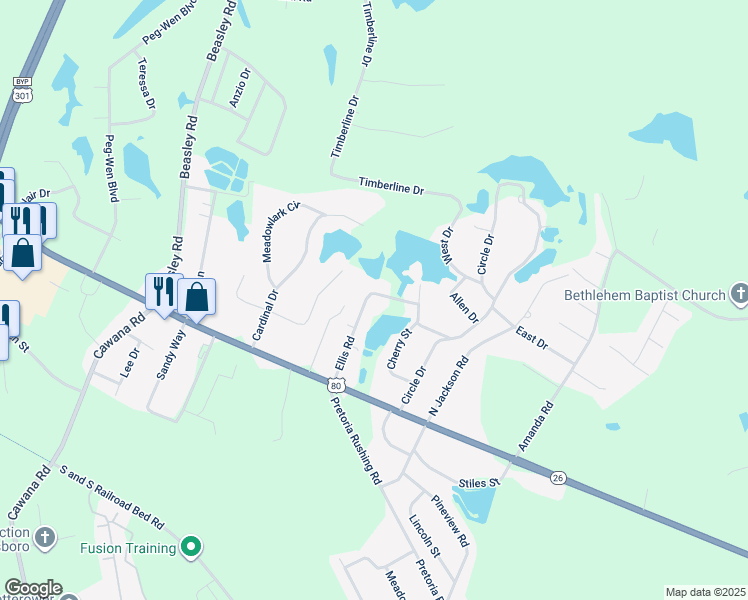 map of restaurants, bars, coffee shops, grocery stores, and more near 121 Ellis Rd in Statesboro