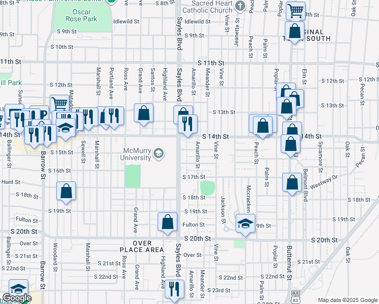 map of restaurants, bars, coffee shops, grocery stores, and more near 2025 South 15th Street in Abilene