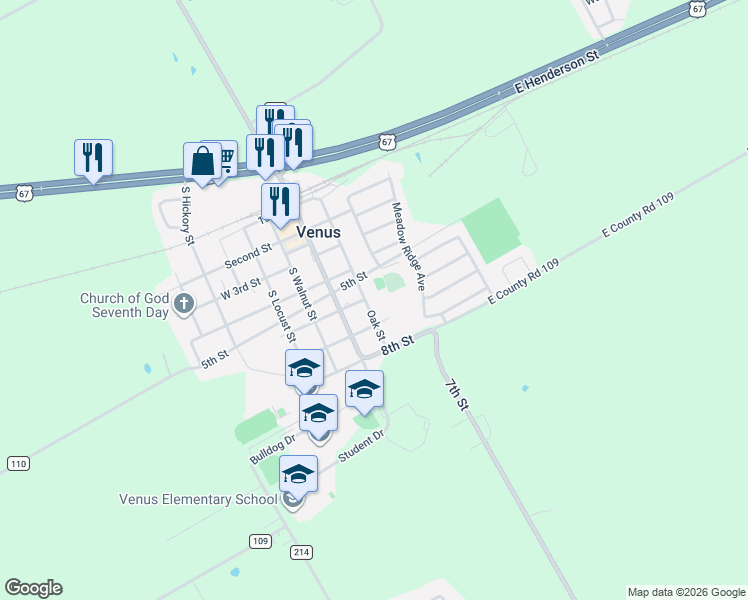 map of restaurants, bars, coffee shops, grocery stores, and more near 504 Oak Street in Venus