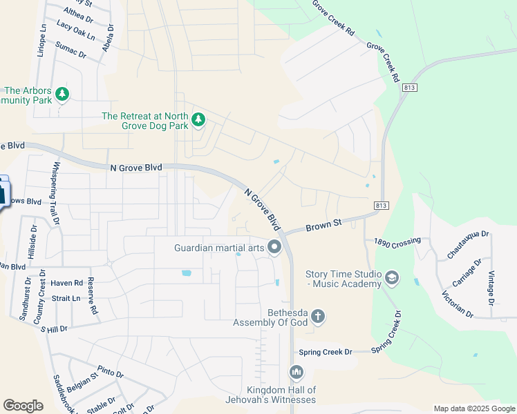 map of restaurants, bars, coffee shops, grocery stores, and more near 3103 Brown Street in Waxahachie