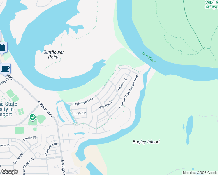 map of restaurants, bars, coffee shops, grocery stores, and more near 8140 Captain Mary Miller Drive in Shreveport