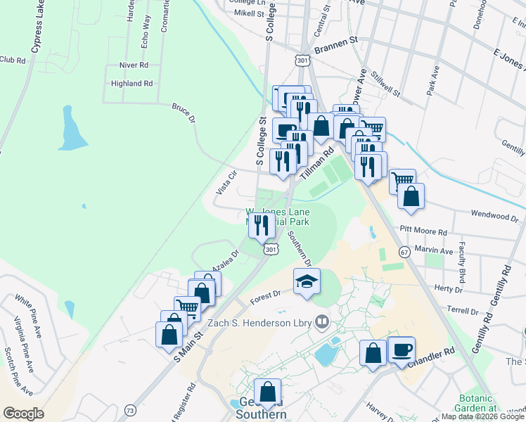 map of restaurants, bars, coffee shops, grocery stores, and more near 121 Tillman Road in Statesboro