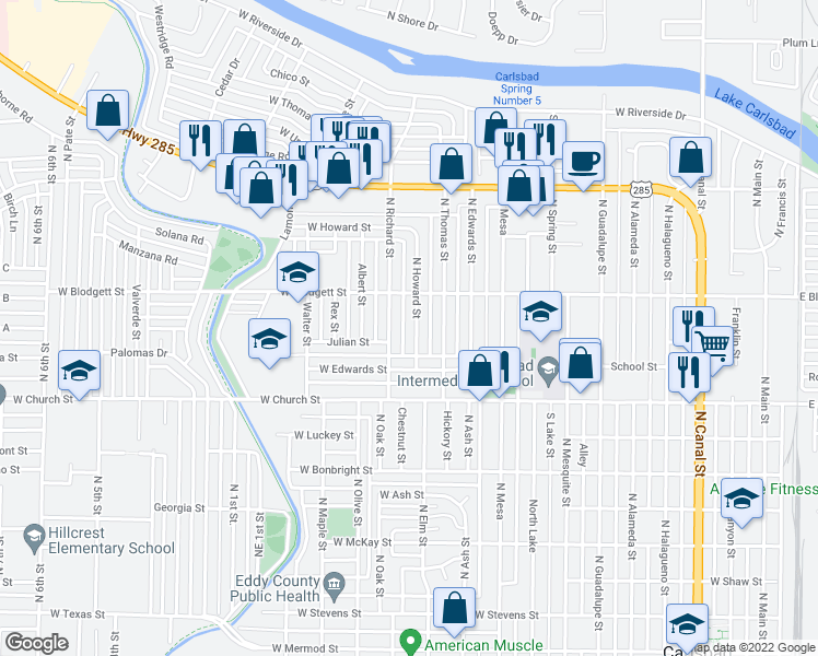 map of restaurants, bars, coffee shops, grocery stores, and more near 911 North Howard Street in Carlsbad