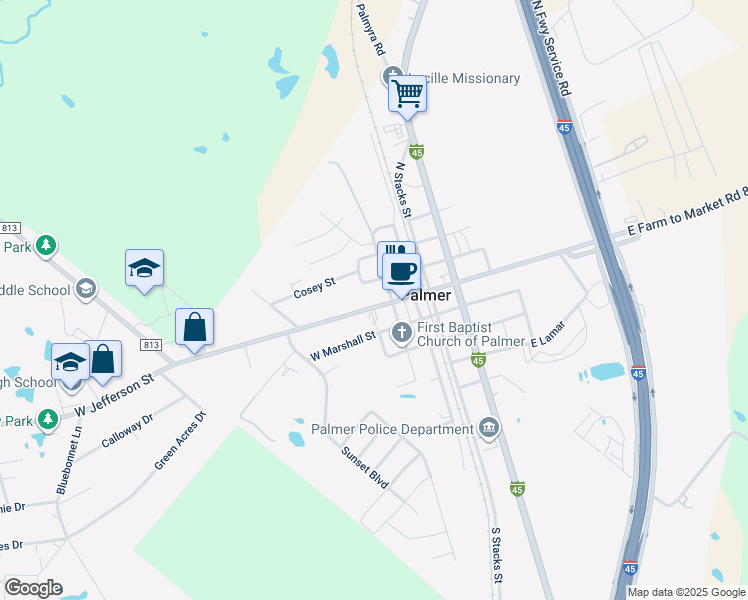 map of restaurants, bars, coffee shops, grocery stores, and more near 251 Cosey Street in Palmer