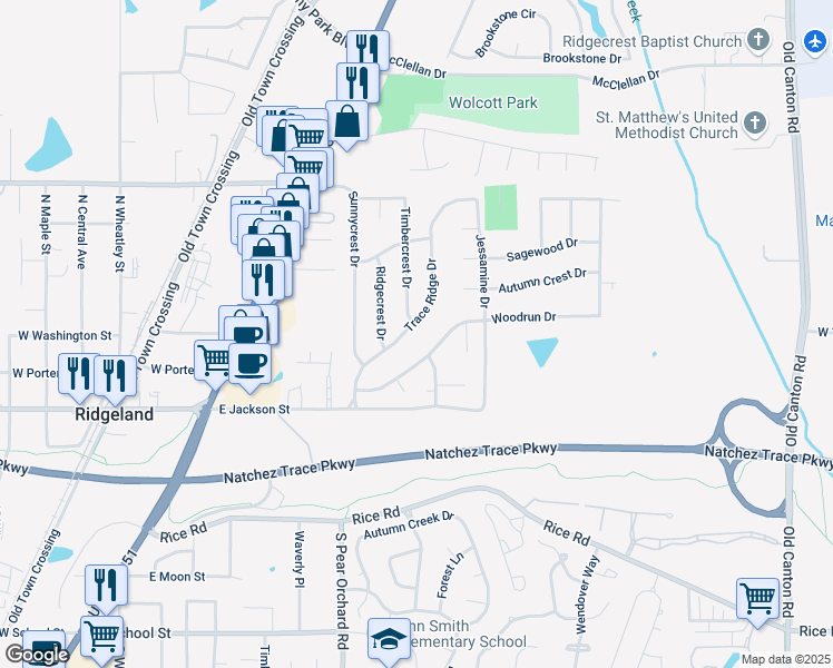 map of restaurants, bars, coffee shops, grocery stores, and more near 130 Trace Ridge Drive in Ridgeland