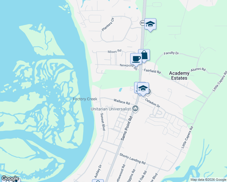 map of restaurants, bars, coffee shops, grocery stores, and more near 32 Wallace Road in Beaufort