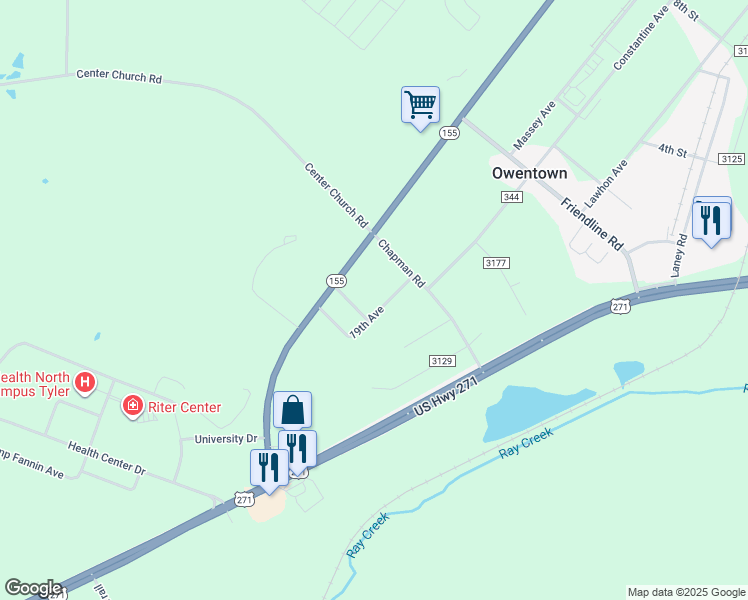 map of restaurants, bars, coffee shops, grocery stores, and more near 11552 Hinson Street in Tyler